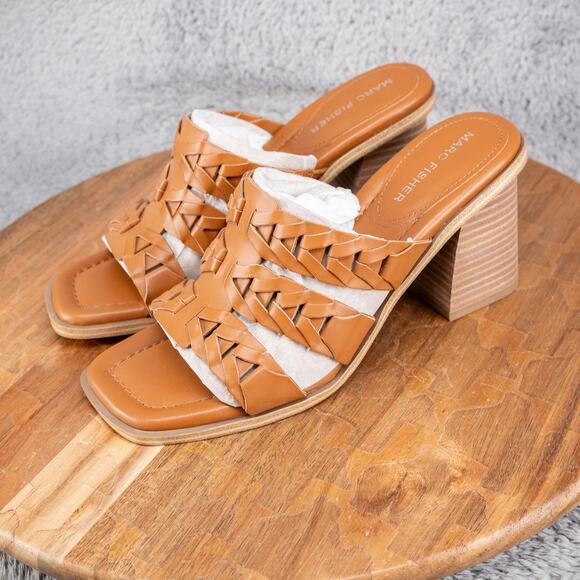 Marc Fisher Sandals Womens 7 M Melita Brown Slip on Strappy Slip-On Block Heels - Picture 3 of 6